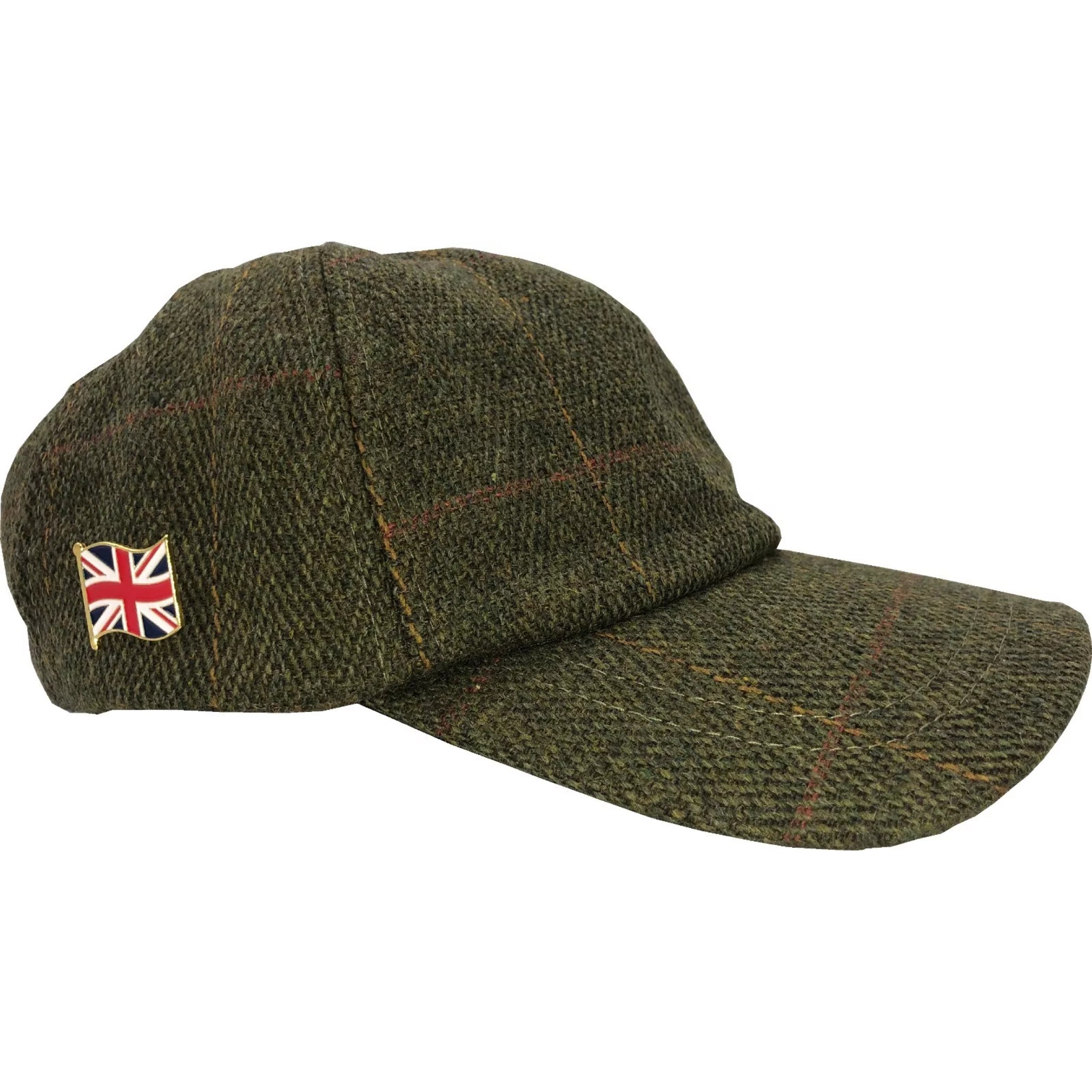 Nicky Adams Countrywear waterproof tweed baseball cap in dark sage green with check pattern and Union Jack badge – classic British country style hat